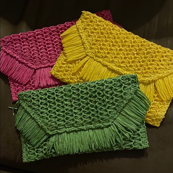 SHEIN Handbags - NWT 3 pc set Vibrant straw Clutch Set - Pink, Yellow, Green